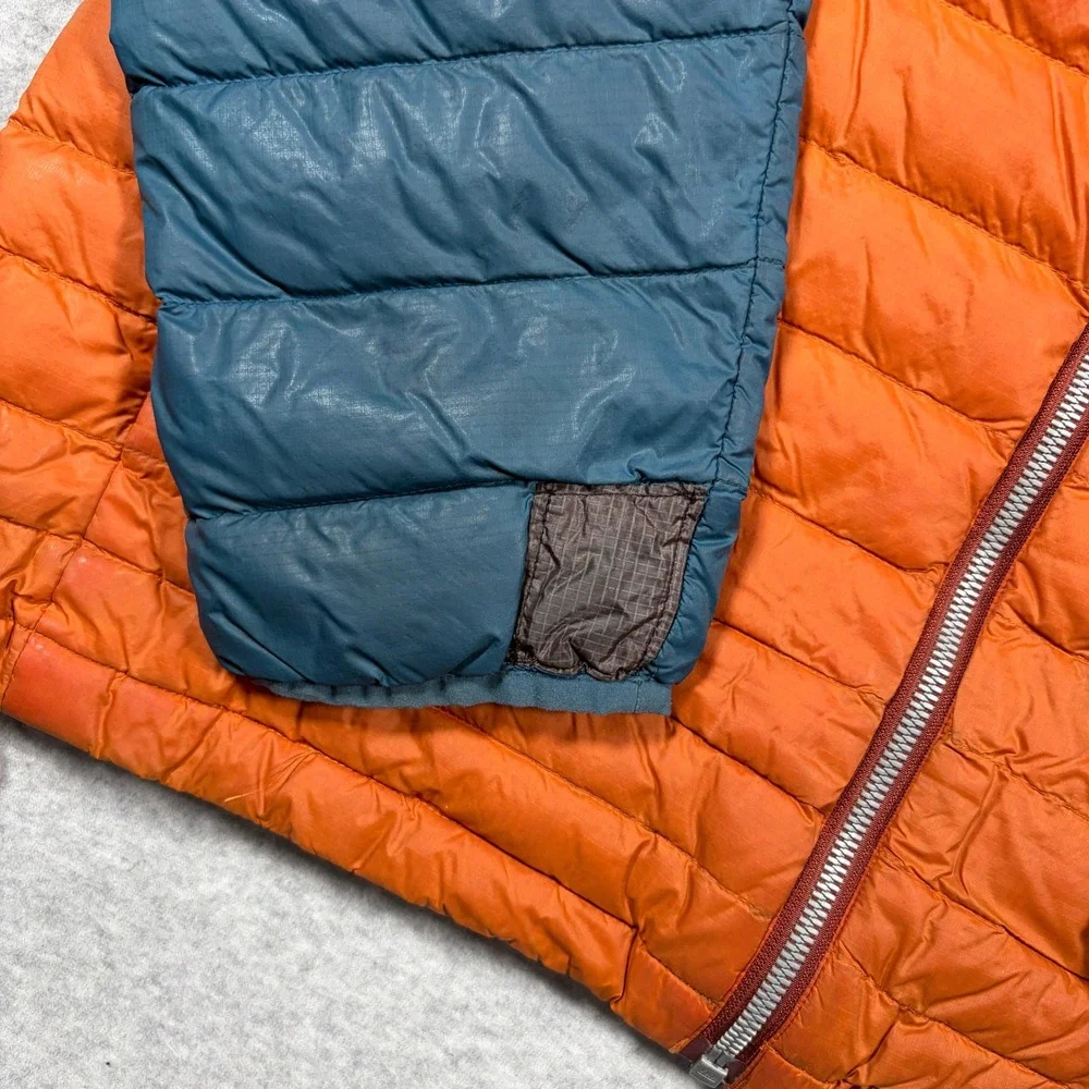 Cotopaxi Fuego Hooded Down Jacket Men Large Blue Orange Yellow Puffer Coat